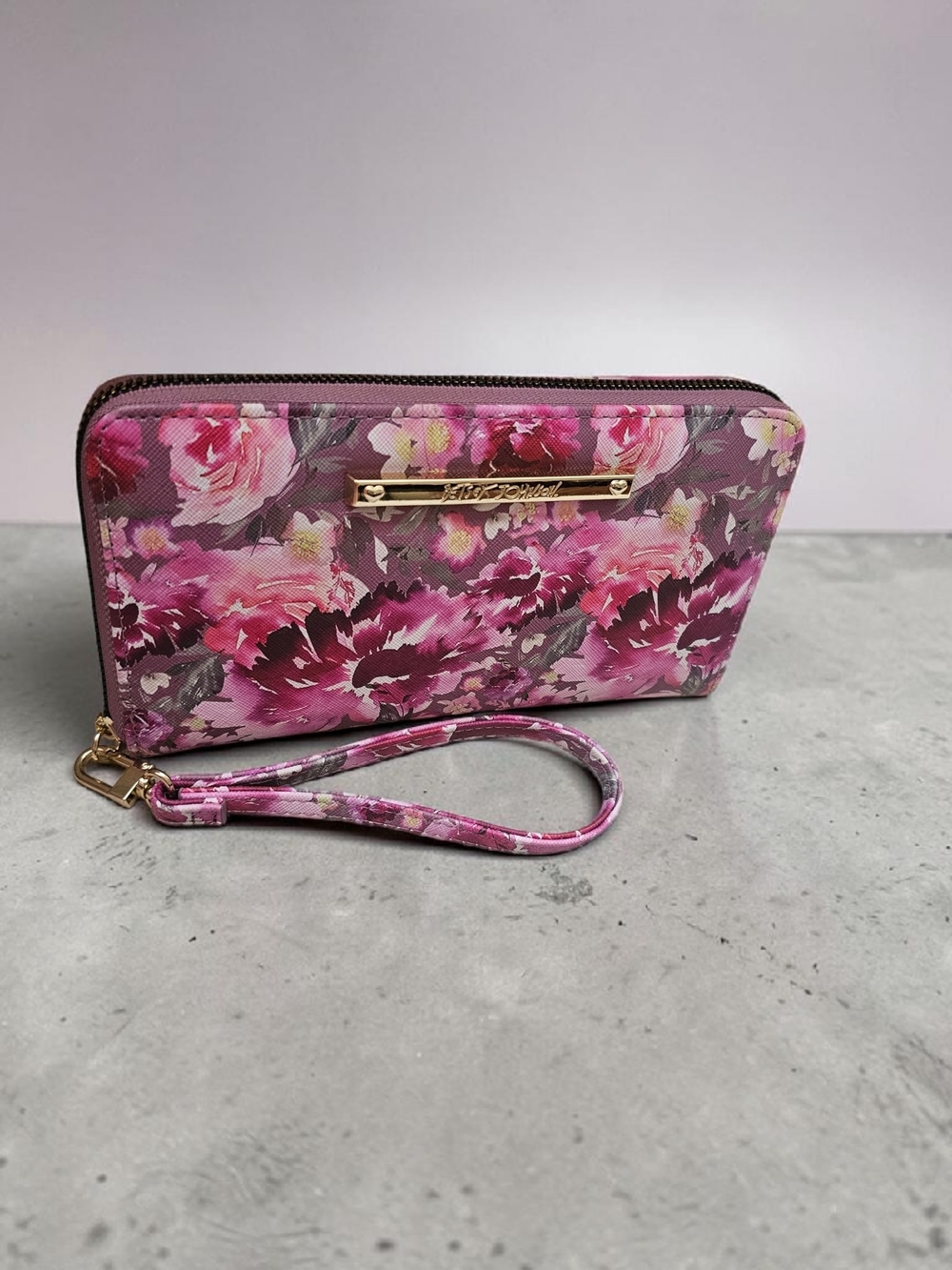 Betsey Johnson Mauve Floral Zip Around Wristlet Wallet Clutch Faux Leather